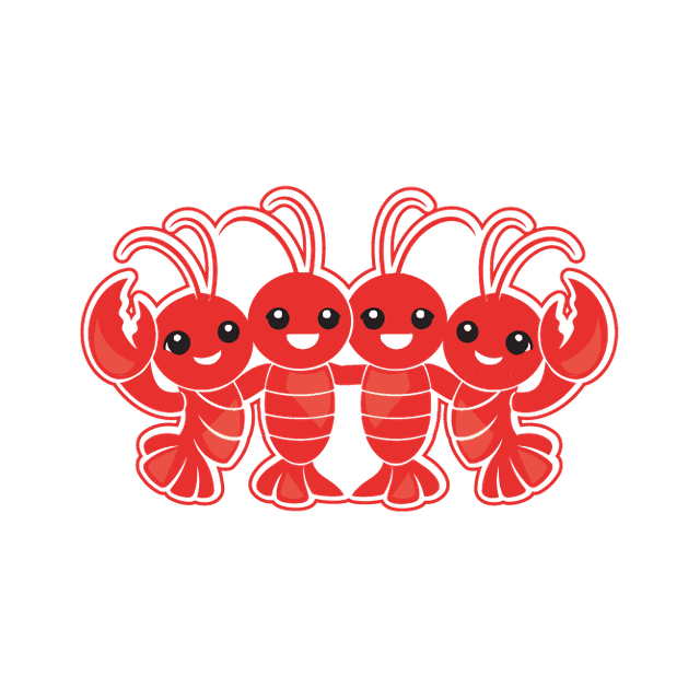 Mascotes da Casa Lagostinhas — quatro lagostinhas de mãos dadas